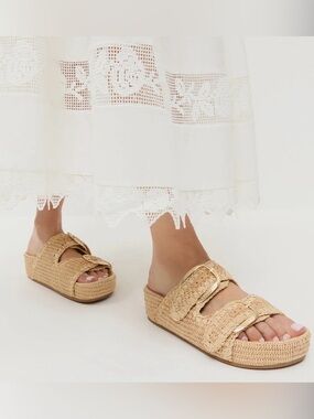 Loeffler Randall Nico Platform Wedge Slide Sandal Natural textile Size 9